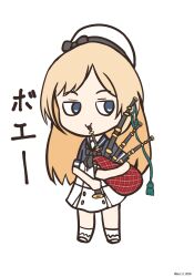 Rule 34 | 1girl, bagpipes, blonde hair, blue eyes, blue sailor collar, chibi, commentary request, daichi (daiti1318), dress, facing viewer, gloves, hat, highres, instrument, jervis (kancolle), kantai collection, sailor collar, sailor dress, sailor hat, sideways glance, simple background, solo, standing, white background, white dress, white gloves, white hat