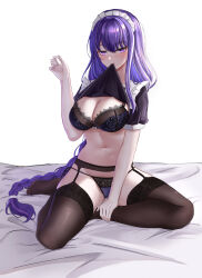 Rule 34 | 1girl, absurdres, alternate costume, bed, black bra, black shirt, black thighhighs, bra, breasts, cleavage, commentary request, enmaided, garter belt, genshin impact, hand up, highres, large breasts, long braid, long hair, looking at viewer, maid, maid headdress, mouth hold, navel, panties, partial commentary, puffy short sleeves, puffy sleeves, purple eyes, purple hair, raiden shogun, shirt, short sleeves, simple background, sitting, smile, solo, stomach, thighhighs, thighs, underwear, very long hair, white background, ying ling, yokozuwari