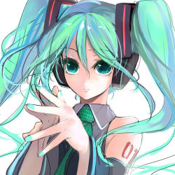 Rule 34 | 1girl, aqua eyes, aqua hair, aqua nails, bare shoulders, blue hair, detached sleeves, foreshortening, hatsune miku, multicolored hair, nail polish, necktie, pupps, smile, solo, steepled fingers, twintails, upper body, vocaloid