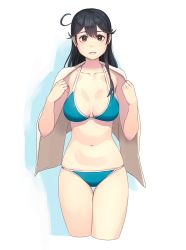 Rule 34 | 1girl, ahoge, bikini, black hair, blue bikini, breasts, brown eyes, cleavage, collarbone, commentary request, cowboy shot, cropped legs, gluteal fold, groin, hair between eyes, highres, holding, kantai collection, large breasts, long hair, looking at viewer, navel, open mouth, parted lips, simple background, solo, standing, stomach, swimsuit, thigh gap, towel, ushio (kancolle), white background, yuuji (and)