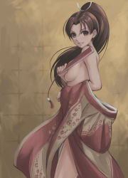 Rule 34 | 1girl, absurdres, breasts, brown eyes, brown hair, covering privates, covering breasts, fan, fatal fury, female focus, highres, large breasts, long hair, looking at viewer, matching hair/eyes, ninja, parted bangs, ponytail, shiranui mai, sideboob, smile, snk, solo, the king of fighters, topless, tyanoki