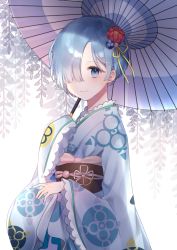 Rule 34 | 10s, 1girl, blue eyes, blush, closed mouth, commentary request, flower, hair flower, hair ornament, hair over one eye, hair ribbon, hand up, highres, holding, holding umbrella, japanese clothes, kimono, long sleeves, looking at viewer, moffle (ayabi), obi, oil-paper umbrella, pink umbrella, print kimono, re:zero kara hajimeru isekai seikatsu, red flower, rem (re:zero), ribbon, sash, sleeves past fingers, sleeves past wrists, smile, solo, umbrella, white background, white kimono, wide sleeves, yellow ribbon
