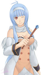 Rule 34 | 1girl, bare shoulders, blue hair, breasts, cleavage, large breasts, long hair, one eye closed, quiz magic academy, red eyes, satsuki (quiz magic academy), signature, sketch, smile, solo, wand, wink, yukihiro