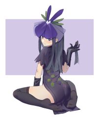 Rule 34 | 1girl, black gloves, black hair, china dress, chinese clothes, dress, elbow gloves, flower, flower on head, fruit print, full body, gloves, grape print, leaf print, long hair, looking at viewer, looking back, orchid, puffy short sleeves, puffy sleeves, purple dress, short sleeves, solo, song113, touhou, unfinished dream of all living ghost, vine print, yomotsu hisami