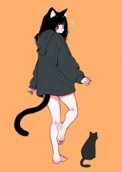 Rule 34 | 1girl, :o, animal ear fluff, animal ears, bare legs, barefoot, black cat, black eyes, black hair, blush, blush stickers, bottomless, bright pupils, cat, cat ears, cat girl, cat tail, dot nose, feet, from behind, full body, grey hoodie, highres, hood, hoodie, legs, looking back, megateru, no pants, nose blush, notice lines, orange background, original, oversized clothes, soles, standing, standing on one leg, tail, toes, white pupils