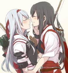 Rule 34 | 10s, 2girls, akagi (kancolle), arrow (projectile), black hair, blush, bow (weapon), gloves, hairband, imminent kiss, japanese clothes, kantai collection, long hair, multiple girls, muneate, quiver, ree (re-19), shoukaku (kancolle), silver hair, smile, weapon, yuri