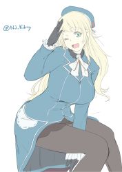 Rule 34 | 10s, 1girl, ;d, atago (kancolle), beret, between legs, black gloves, black pantyhose, blonde hair, blue eyes, breasts, female focus, flat color, gloves, hat, highres, kantai collection, large breasts, long hair, long sleeves, military, military uniform, nujima, one eye closed, open mouth, pantyhose, simple background, sitting, smile, solo, twitter username, uniform, white background