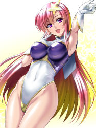 Rule 34 | 1girl, :d, armpits, blush, breasts, covered navel, gloves, gradient background, gradient hair, grey background, groin, gundam, gundam seed, gundam seed destiny, hair ornament, highleg, highleg leotard, large breasts, leotard, long hair, looking at viewer, meer campbell, multicolored hair, open mouth, outstretched arm, pink hair, purple eyes, purple leotard, revision, sen (sansui), shiny clothes, simple background, smile, solo, star (symbol), star hair ornament, v, white background, white leotard