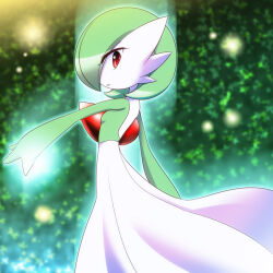 Rule 34 | 1girl, bob cut, colored skin, creatures (company), dress, from side, game freak, gardevoir, gen 3 pokemon, glowing, green background, green hair, looking at viewer, multicolored skin, nintendo, parted lips, pokemon, pokemon (creature), red eyes, shiratsuki (royal moon), two-tone skin, white skin