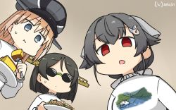 Rule 34 | 3girls, alternate costume, bismarck (kancolle), black hair, blonde hair, casual, commentary request, dated, eating, empty eyes, food, fork, from below, hair flaps, hair ornament, hairclip, hamu koutarou, highres, jingei (kancolle), kantai collection, kirishima (kancolle), long hair, low ponytail, meme, multiple girls, nice boat (meme), one-hour drawing challenge, open mouth, pasta, red eyes, short hair, signature, spaghetti, sunglasses, sweater, upper body, white sweater