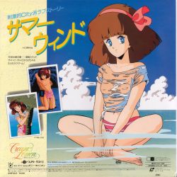 Rule 34 | 1980s (style), 1boy, 1girl, barefoot, bikini, blunt bangs, breasts, character request, cloud, cover, cream lemon, highres, kneeling, laserdisc cover, looking at viewer, nipples, ocean, oldschool, outdoors, partially submerged, retro artstyle, see-through, see-through shirt, shirt, sky, small breasts, smile, striped bikini, striped clothes, summer wind, swimsuit, t-shirt, wet, wet clothes, wet shirt