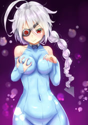 Rule 34 | &gt;:), 1girl, ahoge, arc system works, bare shoulders, blazblue, blush, braid, grabbing another&#039;s breast, breasts, bridal gauntlets, closed mouth, covered collarbone, covered erect nipples, eyepatch, grabbing, grabbing own breast, hair between eyes, hands up, huge ahoge, long hair, looking at viewer, medium breasts, nu-13, rabittofaa, red eyes, silver hair, single braid, smile, solo, v-shaped eyebrows