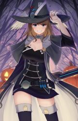 Rule 34 | 1girl, alternate costume, black dress, black hat, breasts, brown hair, cleavage, commentary, doiparuni, dress, english commentary, eunie (xenoblade), feathered wings, grin, halloween, halloween costume, hat, head wings, highres, jack-o&#039;-lantern, large breasts, looking at viewer, pumpkin, smile, solo, teeth, tree, white wings, wings, witch, witch hat, xenoblade chronicles (series), xenoblade chronicles 3
