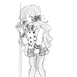 Rule 34 | 1girl, between legs, blush, bow, embarrassed, female focus, flying sweatdrops, greyscale, hair bow, half-closed eye, hand between legs, hand up, handa roco, have to pee, idolmaster, idolmaster million live!, jacket, knees together feet apart, long hair, long sleeves, maru (maru 1005), miniskirt, monochrome, one eye closed, open mouth, pantyhose, peeing, peeing self, pleated skirt, simple background, sketch, skirt, solo, standing, sweat, tears, trembling, wet, wet clothes, white background