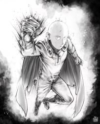 Rule 34 | 1boy, bald, belt, bodysuit, boots, bruise, cape, clenched hand, closed mouth, flying, full body, gloves, greyscale, highres, injury, jitome, looking at viewer, male focus, monochrome, one-punch man, pants, saitama (one-punch man), sanpaku, signature, solo, superhero costume, the golden smurf