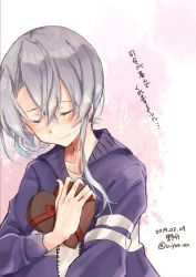 Rule 34 | 1girl, asymmetrical hair, blush, candy, character name, chocolate, chocolate heart, closed eyes, dated, flipped hair, food, heart, hood, hooded jacket, hoodie, jacket, kantai collection, nowaki (kancolle), pink background, purple jacket, silver hair, smile, solo, swept bangs, translation request, twitter username, two-tone background, u yuz xx, upper body