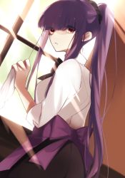 Rule 34 | 1girl, aokurage 1201, apron, asagami fujino, asagami fujino (second ascension), bad id, bad twitter id, black ribbon, black skirt, breasts, cleaning, cleaning windows, closed mouth, commentary, from behind, hair ribbon, head tilt, highres, holding cloth, indoors, kara no kyoukai, long hair, long sleeves, looking at viewer, medium breasts, ponytail, purple hair, red eyes, ribbon, shirt, skirt, sleeves rolled up, solo, standing, white shirt, window, windowsill
