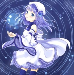 Rule 34 | 1girl, bare shoulders, blue background, blue eyes, blue hair, blue thighhighs, blush, commentary request, detached sleeves, dress, frilled sleeves, frills, from side, hat, looking at viewer, matching hair/eyes, mito tsubaki, original, solo, thighhighs, white dress, wide sleeves