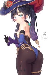 Rule 34 | 1girl, absurdres, aqua eyes, ass, black gloves, black hair, blue hat, blue leotard, breasts, brown pantyhose, detached sleeves, from behind, genshin impact, gloves, gouka, hat, highres, jewelry, leotard, long hair, long sleeves, looking back, mona (genshin impact), pantyhose, sideboob, sidelocks, small breasts, thighlet, thighs, twintails