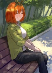 Rule 34 | 1girl, bench, black pants, blush, breasts, closed eyes, closed mouth, commentary request, dappled sunlight, facing viewer, go-toubun no hanayome, gomashiwo o, green jacket, green ribbon, hair between eyes, hair ribbon, jacket, large breasts, long sleeves, nakano yotsuba, on bench, open clothes, open jacket, orange hair, outdoors, pants, park bench, ribbon, shirt, short hair, sitting, smile, solo, sunlight, white shirt
