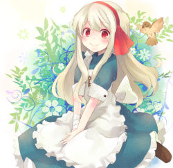 Rule 34 | 1girl, bandages, bird, blonde hair, buttoned cuffs, buttons, floral background, hairband, isegawa yasutaka, jewelry, kagerou project, key, key necklace, kozakura marry, long hair, looking at viewer, necklace, own hands together, red eyes, sitting, smile, solo, vocaloid