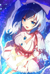 Rule 34 | angel wings, blue eyes, blue hair, bow, breasts, brooch, dress, feathered wings, foreshortening, frilled dress, frills, hair bow, happy, highres, jewelry, mai (touhou), medium breasts, open mouth, pink bow, pink dress, puffy short sleeves, puffy sleeves, red bow, red sash, sash, sea scorpion (umisasori), short hair, short sleeves, snowflakes, solo, touhou, touhou (pc-98), white wings, wings
