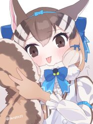 Rule 34 | 1girl, animal ears, belt, brown eyes, brown hair, chipmunk ears, chipmunk girl, chipmunk tail, extra ears, gloves, highres, kemono friends, kemono friends v project, looking at viewer, microphone, ribbon, sarutori, shirt, short hair, siberian chipmunk (kemono friends), simple background, solo, tail, tongue, upper body, v, vest, virtual youtuber