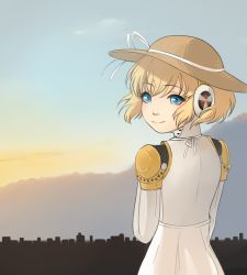 Rule 34 | 1girl, aegis (persona), android, atlus, blonde hair, blue eyes, catmouth, hat, headphones, joints, megami tensei, persona, persona 3, robot joints, shin megami tensei, solo, straw hat, sunset