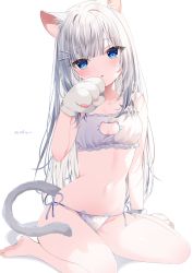 Rule 34 | 1girl, animal ears, animal hands, bad id, bad pixiv id, bare arms, bare legs, bare shoulders, barefoot, blue eyes, bra, cat cutout, cat ear panties, cat ears, cat girl, cat lingerie, cat tail, cleavage cutout, clothing cutout, collarbone, commentary request, frilled bra, frills, gloves, grey hair, hair ornament, hairclip, hand up, head tilt, highres, long hair, looking at viewer, mafuyu (chibi21), meme attire, original, panties, parted lips, paw gloves, shadow, side-tie panties, signature, sitting, solo, tail, underwear, very long hair, wariza, white background, white bra, white gloves, white panties