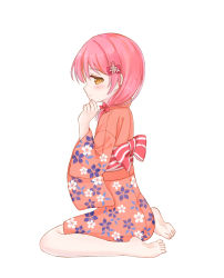 Rule 34 | 1girl, barefoot, bow, breasts, brown eyes, brown kimono, cherry blossom hair ornament, closed mouth, commentary request, floral print, from side, full body, hair between eyes, hair bow, japanese clothes, kimono, long hair, makiaato, obi, original, pink hair, print kimono, profile, red bow, sash, simple background, sitting, smile, soles, solo, striped, striped bow, wariza, white background