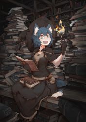Rule 34 | 1girl, absurdres, animal ears, black dress, black gloves, black hat, blue eyes, blue hair, book, capelet, cat ears, cat girl, cat tail, commentary request, deel (rkeg), desk, dress, fang, fire, gloves, hat, highres, kyarun, library, magic, matching hair/eyes, on desk, open book, original, robe, short hair, sitting, solo, tail, witch, witch hat
