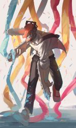 Rule 34 | 1boy, black necktie, black pants, blood, bloody weapon, chainsaw, chainsaw man, confetti, denji (chainsaw man), full body, highres, hybrid, necktie, null (skev7724), pants, puddle, red footwear, running, sharp teeth, simple background, solo, stylized blood, teeth, water, weapon, white background