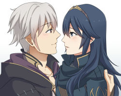 Rule 34 | 1boy, 1girl, ameno (a meno0), bad id, bad pixiv id, blue hair, blue theme, blush, brown hairband, collarbone, couple, eye contact, fire emblem, fire emblem awakening, from side, hairband, long hair, looking at another, looking at viewer, lucina (fire emblem), nintendo, parted lips, robin (fire emblem), robin (male) (fire emblem), silver hair, simple background, smile, upper body, white background