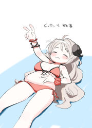Rule 34 | 1girl, ahoge, bikini, blue archive, blue background, blush, breasts, breasts apart, closed eyes, closed mouth, collarbone, dot nose, feet out of frame, grey hair, highres, horns, izumi (blue archive), kokaki mumose, large breasts, lying, lying on water, navel, on back, plump, red bikini, shadow, side-tie bikini bottom, solo, swimsuit, translation request, v, white background
