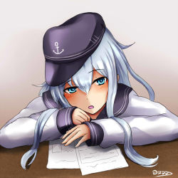 Rule 34 | 10s, 1girl, blue eyes, desk, flat cap, gradient background, hat, hibiki (kancolle), kantai collection, long hair, long sleeves, looking at viewer, nawate (dij), open mouth, papers, school uniform, serafuku, signature, silver hair, sitting, solo, upper body