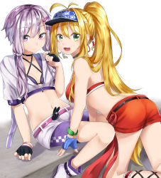 Rule 34 | 2girls, :d, absurdres, alternate costume, animal hood, antenna hair, bad id, bad pixiv id, bare shoulders, bent over, between legs, bike shorts, bike shorts under shorts, blonde hair, blush, breasts, cleavage, crop top, fingerless gloves, gloves, green eyes, hair between eyes, hair ornament, hairclip, halterneck, hand between legs, hat, highres, hood, lavender shorts, long hair, looking at viewer, looking back, low twintails, multiple girls, narumiyaaz, navel, open mouth, ponytail, purple eyes, purple hair, purple shorts, rabbit hood, rabbit pin, red shorts, red sports bra, short hair with long locks, shorts, simple background, sitting, small breasts, smile, sports bra, sweatdrop, tsurumaki maki, twintails, very long hair, vocaloid, voiceroid, wavy mouth, white background, yuzuki yukari