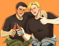 Rule 34 | alcohol, beer, beer bottle, black shirt, blonde hair, blush, bottle, brown hair, character request, closed mouth, copyright request, drink, drunk, fkfkfk25, glass bottle, highres, holding, holding bottle, male focus, open mouth, shirt, short sleeves, single arm hug, smile, tan, teeth, thumbs up, upper body
