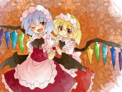 Rule 34 | 2girls, :d, alternate costume, apron, bad id, bad pixiv id, blonde hair, bow, bowtie, comic, dress, enmaided, female focus, flandre scarlet, hammer (sunset beach), hands on shoulders, light purple hair, maid, maid apron, maid headdress, multiple girls, one eye closed, open mouth, red eyes, remilia scarlet, short hair, siblings, silent comic, sisters, smile, touhou, wings, wink, wrist cuffs