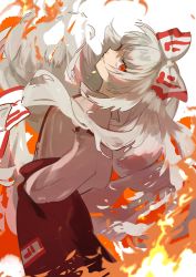 Rule 34 | 1girl, bow, closed mouth, fire, from behind, fujiwara no mokou, grey hair, hair bow, hands in pockets, highres, holding, kerok (joniko1110), long hair, long sleeves, multicolored bow, pants, red bow, red eyes, red pants, shirt, simple background, smile, solo, standing, teeth, touhou, white background, white bow, white shirt, white sleeves