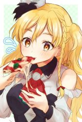 Rule 34 | 1girl, alto2019, ascot, blonde hair, blush, braid, breasts, cheese trail, detached sleeves, eating, flying sweatdrops, food, hair between eyes, hair ribbon, hat, highres, holding, holding food, kantai collection, long hair, one-hour drawing challenge, orange eyes, pizza, pizza slice, red ascot, ribbon, side braid, signature, simple background, solo, upper body, zara (kancolle), zara due (kancolle)