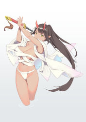 Rule 34 | 1girl, bigrbear, black hair, blunt bangs, breasts, cropped legs, fundoshi, green eyes, highres, holding, holding sword, holding weapon, horns, japanese clothes, large breasts, long hair, looking at viewer, navel, oni horns, open clothes, original, pointy ears, ponytail, ripples, sarashi, solo, sword, weapon, white background
