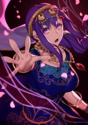 Rule 34 | 1girl, breasts, earrings, fate/grand order, fate (series), flower, hair ornament, indian clothes, jewelry, large breasts, long hair, looking at viewer, matou sakura, necklace, parvati (fate), purple eyes, purple hair, roki (shouka65), solo