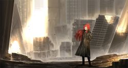 Rule 34 | black coat, black pants, cityscape, coat, facial scar, gebura (project moon), hands in pockets, highres, light rays, long coat, long hair, official art, pants, ponytail, project moon, red hair, ruins, scar, scar on cheek, scar on face, scar on forehead, sunbeam, sunlight, trench coat