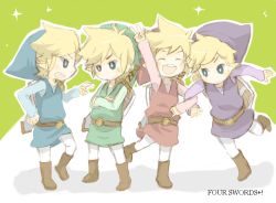 Rule 34 | 4boys, alternate color, bad id, bad pixiv id, blonde hair, blue eyes, blue tunic, child, crossed arms, hat, hylian shield, link, male focus, multiple boys, multiple persona, nintendo, popupopo, purple tunic, red tunic, shield, smile, the legend of zelda, the legend of zelda: four swords, toon link, v