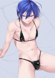 Rule 34 | 1boy, absurdres, ahoge, arm support, bed, bikini, black bikini, blue eyes, blue hair, bulge, character request, collarbone, covered erect nipples, cowboy shot, double-parted bangs, from above, hair between eyes, highres, hip bones, leaning back, looking at viewer, male focus, navel, omiyacha, original, pectorals, pillow, shiny clothes, sitting, smile, smirk, solo, spread legs, swimsuit, trap, unfinished, sketch background, virtual youtuber