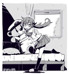 Rule 34 | 1girl, admiral (kancolle), admiral (kancolle) (cosplay), akebono (kancolle), artist name, bear, bed, cosplay, greyscale, hat, kantai collection, long hair, looking at viewer, military, military uniform, monochrome, naval uniform, open mouth, peaked cap, pillow, pleated skirt, ponytail, school uniform, serafuku, shuuzen (shu-zen), side ponytail, skirt, slippers, solo, stuffed animal, stuffed toy, teddy bear, twitter username, uniform, window