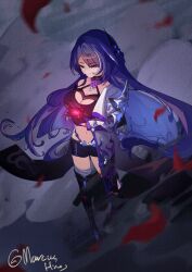 Rule 34 | 1girl, absurdres, acheron (honkai: star rail), armor, bandaged leg, bandages, belt, black belt, black choker, black shorts, boots, breasts, choker, cleavage, closed mouth, coat, coattails, collarbone, commentary, criss-cross halter, english commentary, flower, full body, glowing flower, hair ornament, halterneck, highres, honkai: star rail, honkai (series), knee boots, large breasts, long hair, looking at flowers, marcushing, midriff, multicolored hair, navel, purple eyes, purple hair, red flower, red petals, shorts, shoulder armor, signature, single bare shoulder, single knee boot, single thigh boot, solo, standing, streaked hair, thigh boots, white coat