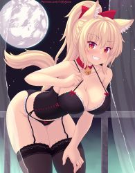 Rule 34 | 1girl, animal ear fluff, animal ears, bell, black panties, black thighhighs, blonde hair, bow, bow panties, breasts, cat ears, cleavage, collar, collarbone, commentary, cowboy shot, curtains, english commentary, frilled panties, frills, full moon, garter straps, grin, hair bow, hand on own thigh, highres, large breasts, leaning forward, lingerie, looking at viewer, moon, neck bell, night, night sky, nottytiffy, original, panties, patreon username, ponytail, red bow, red collar, red eyes, sky, slit pupils, smile, solo, star (sky), starry sky, strap pull, tail, teeth, thick thighs, thighhighs, thighs, tiffy (nottytiffy), underwear, watermark, web address, white curtains