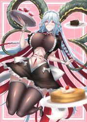 Rule 34 | alternate costume, black footwear, black thighhighs, blue hair, blush, bow, braid, breasts, cake, cleavage, closed mouth, command spell, cup, drinking glass, enmaided, fate/grand order, fate (series), floating, floating object, food, frills, fruit, hair between eyes, hair ribbon, high heels, highres, horns, large bow, large breasts, maid, maid headdress, nail polish, pink background, pink nails, plate, pointy ears, pubic tattoo, purple eyes, red eyes, red ribbon, ribbon, shoes, solo, strawberry, symbol-shaped pupils, tagme, tattoo, thigh gap, thighhighs, tiamat (fate), tray, twin braids, whipped cream, white bow, wine glass, wrist cuffs, x-shaped pupils