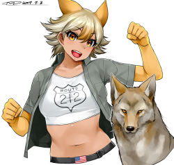 Rule 34 | 10s, 1girl, artist name, belt, blonde hair, coyote, coyote (kemono friends), wolf ears, dated, flag, gloves, happa (cloverppd), kemono friends, midriff, multicolored hair, navel, open mouth, orange eyes, orange hair, simple background, solo, teeth, two-tone hair, upper body, white background